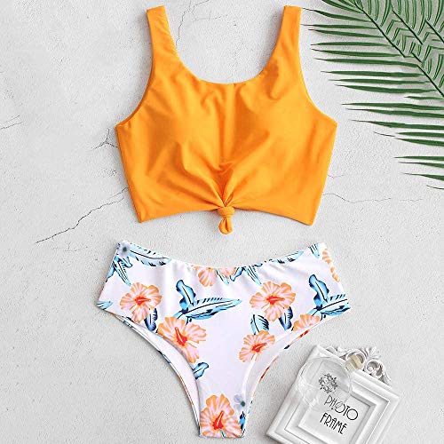 Yutdeng Conjunto de Bikini de Cintura Alta para Mujer Push Up Pliegues Control de La Barriga y Enroscadura Frontal Top Retro Variedad de Impresión Ropa de Playa Bañador