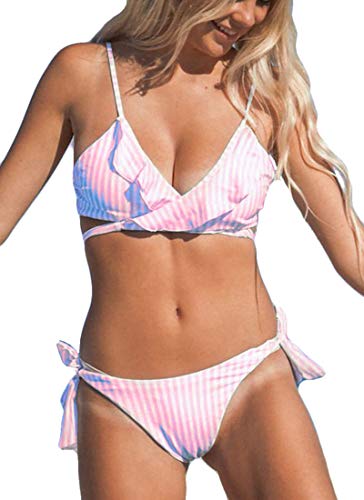 Yutdeng Mujer Conjunto de BikiniCordón Rayas Traje de Baño Sujetador Cuello en V Halter Push-up Bikinis Tanga Sexy Ropa de Playa Traje de Baño