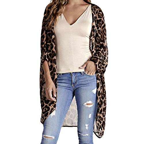 Yvelands Moda Mujer Chaqueta de Gasa Smock Leopard Estampado Media Manga Moda Cubierta Larga Top(Marrón,M)