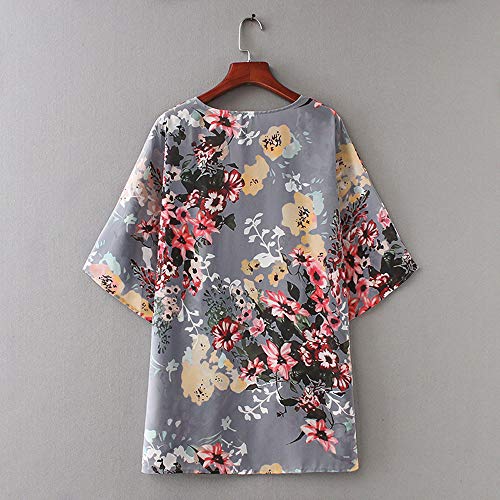 Yvelands Mujer Chiffon Floral Kimono Suelta Media Manga Chal impresión Cardigan Camisas Blusa Superior(Gris,M)