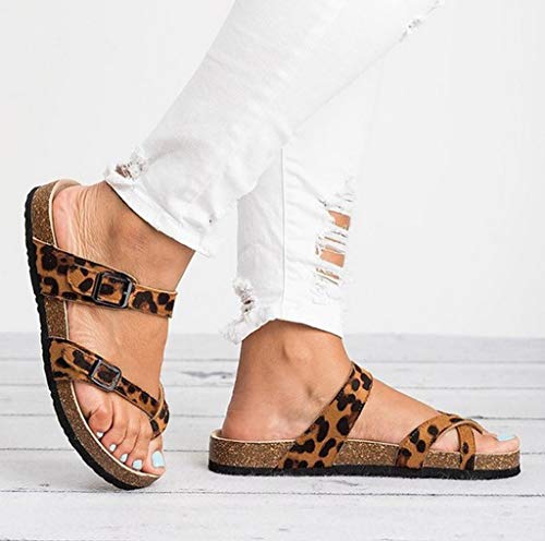 Yvelands Retro Mujeres Liquidación Leopardo Pisos Sandalias Zapatos de Playa Zapatillas de Corcho de Suela Gruesa (Caqui,37)