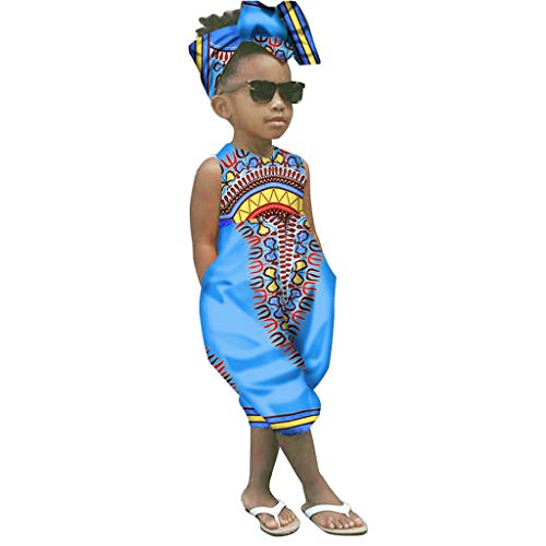 YWLINK Conjuntos NiñA,Verano Estilo Nacional Ropa Infantil del Mono del Mameluco del Estampado Africano Sin Mangas+Banda De Pelo Conjunto De 2 Piezas La Moda Vestido De Fiesta(Azul,5-6 años/120)