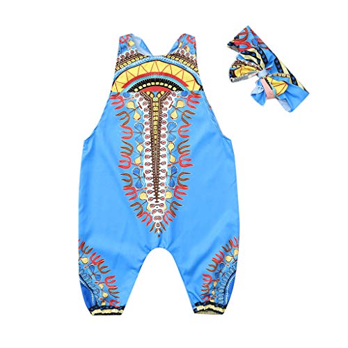 YWLINK Conjuntos NiñA,Verano Estilo Nacional Ropa Infantil del Mono del Mameluco del Estampado Africano Sin Mangas+Banda De Pelo Conjunto De 2 Piezas La Moda Vestido De Fiesta(Azul,5-6 años/120)