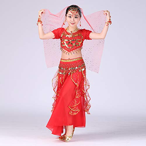 YWLINK Danza del Vientre, NiñAs India Danza del Vientre Danza Egipcia Traje De Rendimiento Conjunto De 2 Piezas Traje De Baile Vestido De Fiesta Bien Parecido(Rojo,4-9 años/S)