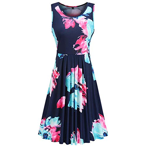 YWLINK Falda Corta Sin Mangas Casual De La Falda De La Playa De La ImpresióN del Cuello Redondo Verano De Las SeñOras,Bohemio Vestido Largo Playa Fiesta Floral Vestidos