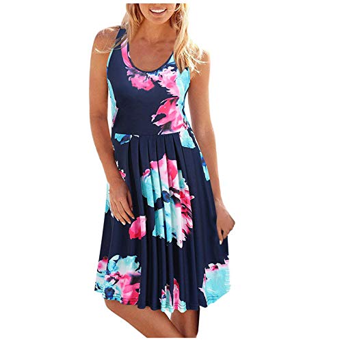 YWLINK Falda Corta Sin Mangas Casual De La Falda De La Playa De La ImpresióN del Cuello Redondo Verano De Las SeñOras,Bohemio Vestido Largo Playa Fiesta Floral Vestidos