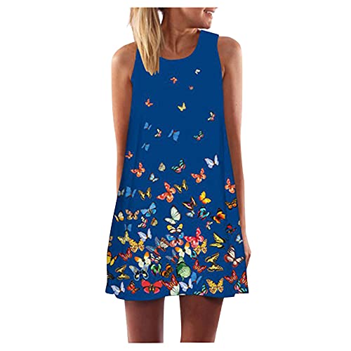 YWLINK Mujer Vestido Camiseta Estampado Floral Sin Mangas Vestido Casual Corto Playa,Vestido Mujer Verano Dye Playa Tallas Grandes Cuello Redondo Vestido,Falda Larga Estampada