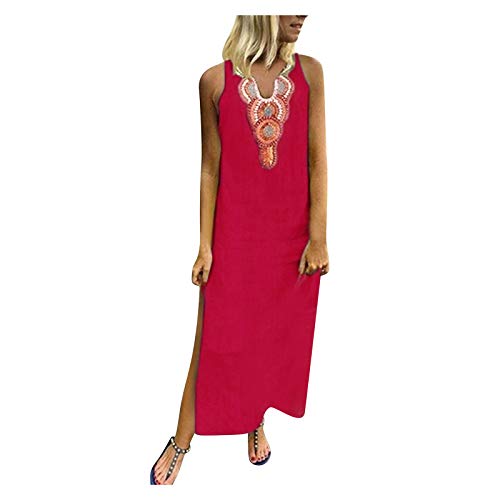 YWLINK SeñOras Moda AlgodóN Lino Bohemio Sin Mangas Profundo Escote En V Espalda Talle Alto con Aberturas Vestido Largo Vestidos Coctel Verano Casual Playa Talla Extra Maxi Vestido Largo Bohemio