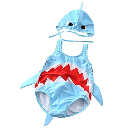 YWLINK Traje De BañO De Una Pieza De TiburóN Tridimensional De Dibujos Animados Sin Mangas para NiñOs + Traje De BañO con Sombrero Estampado De Franja Verano BañAdor NatacióN Ropa De Playa