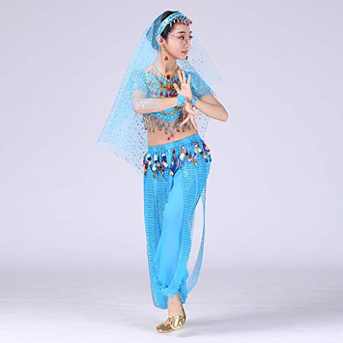 YWLINK Traje De Rendimiento, NiñAs India Danza del Vientre Danza Egipcia Traje Manga Corta Pantalones De Baile Conjunto De 2 Piezas Traje De Baile De Fiesta(Azul,8-10 años/L)