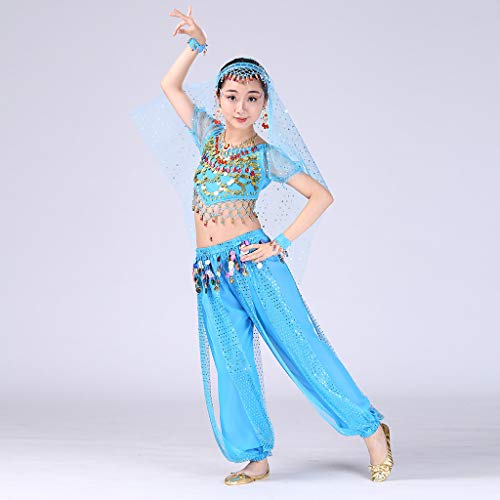 YWLINK Traje De Rendimiento, NiñAs India Danza del Vientre Danza Egipcia Traje Manga Corta Pantalones De Baile Conjunto De 2 Piezas Traje De Baile De Fiesta(Azul,8-10 años/L)