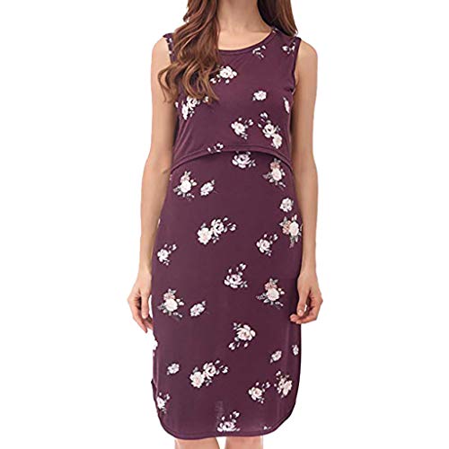 YWLINK Verano Mujer Maternidad Floral sin Mangas con Bolsillos amamantamiento Vestido de Lactancia Sexy Bien parecido Arriba Slim Fit(Rojo,M)