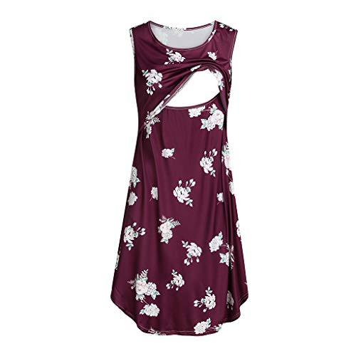 YWLINK Verano Mujer Maternidad Floral sin Mangas con Bolsillos amamantamiento Vestido de Lactancia Sexy Bien parecido Arriba Slim Fit(Rojo,M)