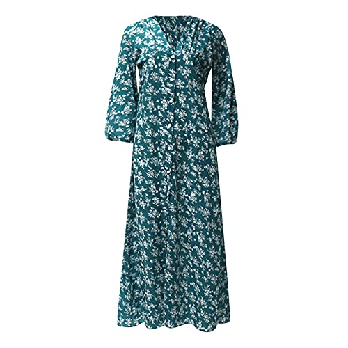 YWLINK Vestido De Gasa De Cintura Alta De Manga Larga con Cuello En V De Moda para Mujer,Vestido con Estampado De Verano,Vestido Largo Casual Delgado Era Delgado