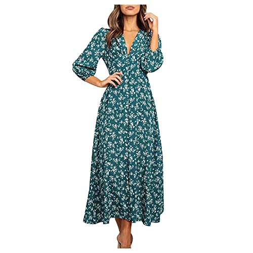 YWLINK Vestido De Gasa De Cintura Alta De Manga Larga con Cuello En V De Moda para Mujer,Vestido con Estampado De Verano,Vestido Largo Casual Delgado Era Delgado