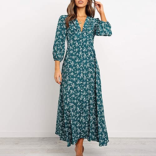 YWLINK Vestido De Gasa De Cintura Alta De Manga Larga con Cuello En V De Moda para Mujer,Vestido con Estampado De Verano,Vestido Largo Casual Delgado Era Delgado