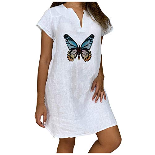 YWLINK Vestido De Lino De Las Mujeres con Vestido De Playa Color SóLido Vestido De Una LíNea hasta La Rodilla Suelto Ocasionales De La Camiseta,Vestido De AlgodóN Y Lino Estampado De Manga Corta