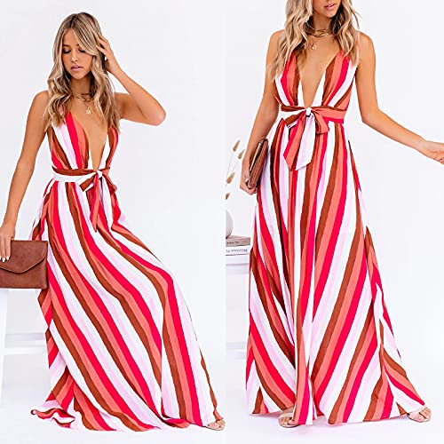 YWLINK Vestido De Tirantes A Rayas ArcoíRis para Mujer,Vestidos Sexys Escotado por DetráS, Vestido De Verano Colorido con Cuello En V Profundo Sexy Vestido De Playa Estampado Falda De Playa Vestido