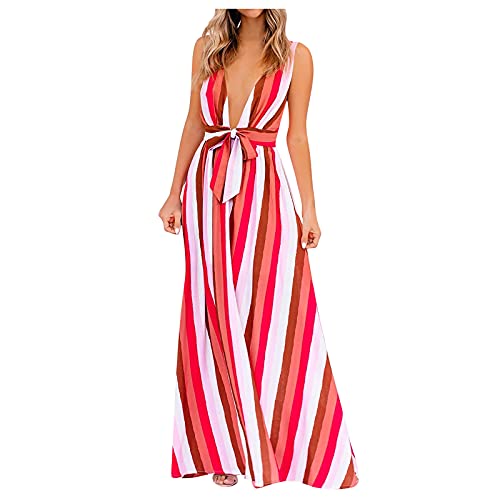 YWLINK Vestido De Tirantes A Rayas ArcoíRis para Mujer,Vestidos Sexys Escotado por DetráS, Vestido De Verano Colorido con Cuello En V Profundo Sexy Vestido De Playa Estampado Falda De Playa Vestido