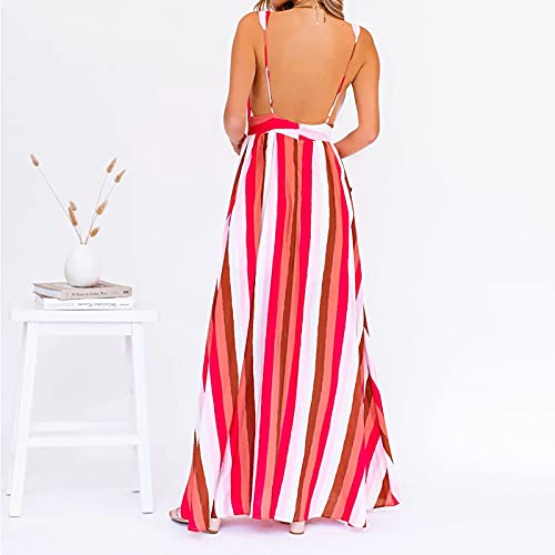 YWLINK Vestido De Tirantes A Rayas ArcoíRis para Mujer,Vestidos Sexys Escotado por DetráS, Vestido De Verano Colorido con Cuello En V Profundo Sexy Vestido De Playa Estampado Falda De Playa Vestido