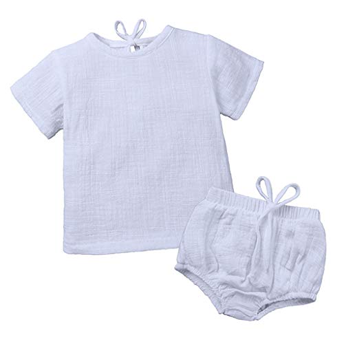 YWLINK♥Mono De Bebe Verano NiñOs NiñAsCamiseta Sin Mangas De Lino De Manga Corta Traje De Rastreo+Encaje Pantalones Cortos Moda Casual Lindo Vestido Bautizo Ropa De Bebe(Blanco,18-24 meses/100)
