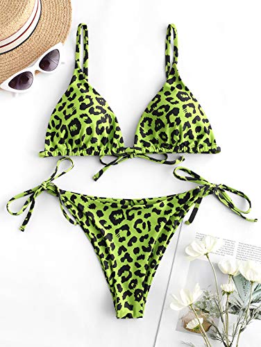 ZAFUL Bikini acolchado para mujer, de un solo color, con triángulo, con tirantes finos. Verde-a. M