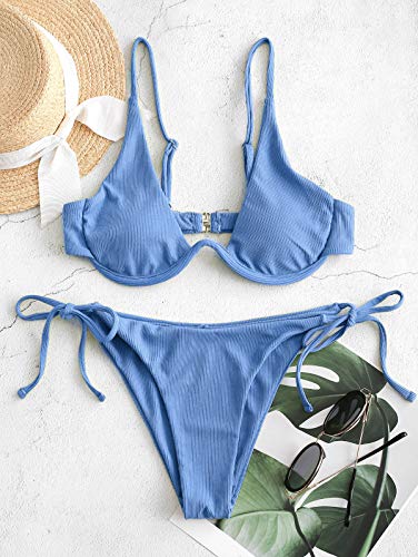 ZAFUL - Bikini de Dos Piezas para Mujer, diseño de Leopardo Criss Cross Push Up de Corte Alto y Acolchado (Azul, L)