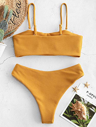 ZAFUL Bikini para mujer con textura tipo bandeau, traje de baño acolchado de corte alto naranja L