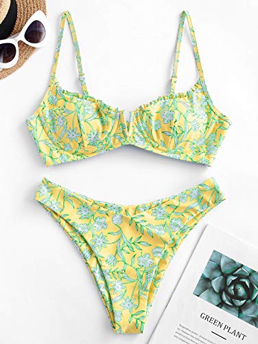 ZAFUL Bikini Set de Dos Piezas Floral Corte Alto Bikini con Arco & V Bañador para Mujer (Amarillo, S)