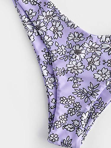 ZAFUL Bikini Set de Dos Piezas Floral Corte Alto Bikini con Arco & V Bañador para Mujer (Morado, S)