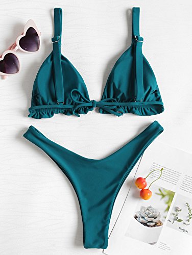 ZAFUL Bikini sexy con volantes de corte alto, tanga de dos piezas Azul pavo real L
