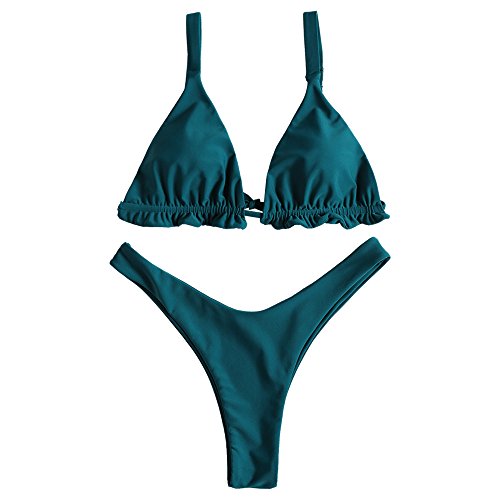 ZAFUL Bikini sexy con volantes de corte alto, tanga de dos piezas Azul pavo real L