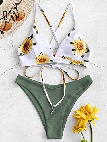 ZAFUL Conjunto de Bikini con Relleno Push Up Triangular Busto Ajustable con Tirantes Cruzados Traseros Estampado Talle Bajo (Margarita-Verde, L)
