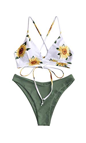 ZAFUL Conjunto de Bikini con Relleno Push Up Triangular Busto Ajustable con Tirantes Cruzados Traseros Estampado Talle Bajo (Margarita-Verde, L)