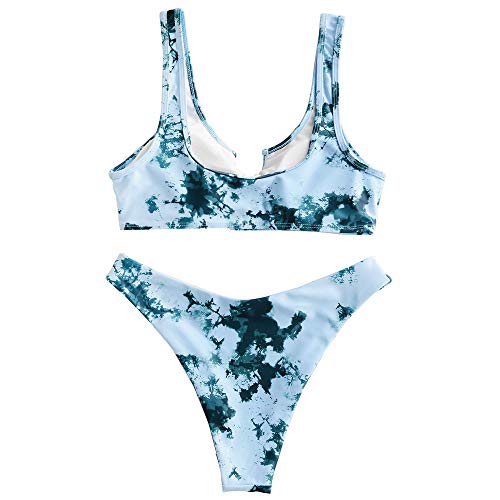 ZAFUL Conjunto de bikini de dos piezas, parte superior de bikini Bralette Wrap, chaleco hueco, cintura alta, parte inferior para mujer Turquesa gris. S