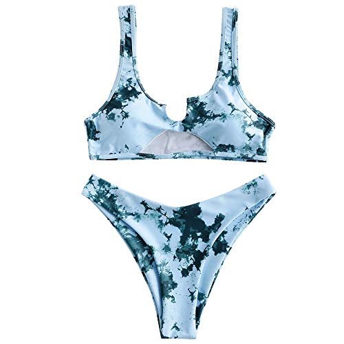 ZAFUL Conjunto de bikini de dos piezas, parte superior de bikini Bralette Wrap, chaleco hueco, cintura alta, parte inferior para mujer Turquesa gris. S