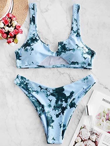 ZAFUL Conjunto de bikini de dos piezas, parte superior de bikini Bralette Wrap, chaleco hueco, cintura alta, parte inferior para mujer Turquesa gris. S