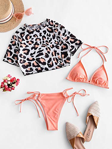 ZAFUL Conjunto de bikini para mujer con cuello en U, parte superior de malla de 3 piezas Rosa. L