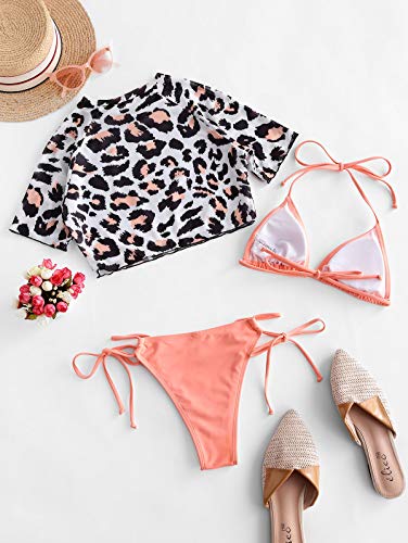 ZAFUL Conjunto de bikini para mujer con cuello en U, parte superior de malla de 3 piezas Rosa. L