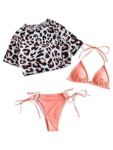 ZAFUL Conjunto de bikini para mujer con cuello en U, parte superior de malla de 3 piezas Rosa. L