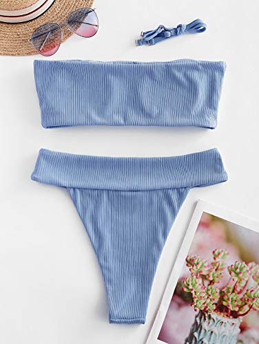 ZAFUL Conjunto de bikini tipo bandeau para mujer, de un solo color, con tirantes de espalda sexy, de nailon de corte alto, traje de baño para verano azul L