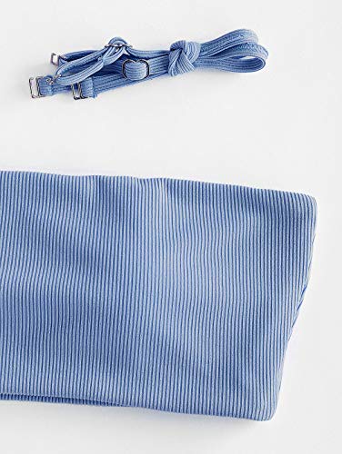 ZAFUL Conjunto de bikini tipo bandeau para mujer, de un solo color, con tirantes de espalda sexy, de nailon de corte alto, traje de baño para verano azul L