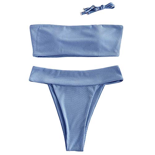 ZAFUL Conjunto de bikini tipo bandeau para mujer, de un solo color, con tirantes de espalda sexy, de nailon de corte alto, traje de baño para verano azul L