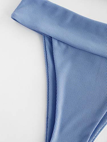 ZAFUL Conjunto de bikini tipo bandeau para mujer, de un solo color, con tirantes de espalda sexy, de nailon de corte alto, traje de baño para verano azul L