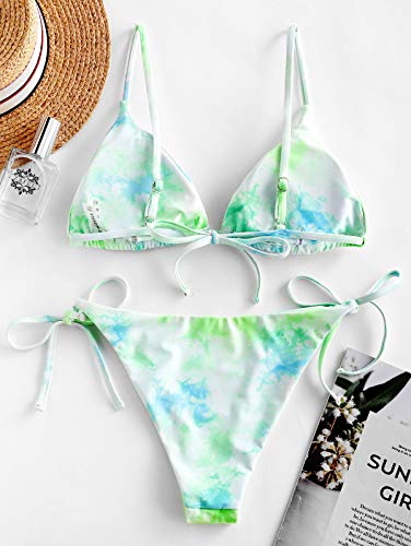 ZAFUL Mujer Bikini Conjunto, Copa Triangular de Encaje con Estampado Tie Dye (Verde, M)