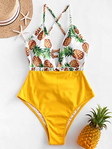 ZAFUL Traje de baño de piña con encaje y cintura alta tropical para mujer amarillo S