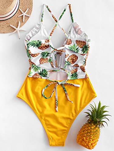 ZAFUL Traje de baño de piña con encaje y cintura alta tropical para mujer amarillo S