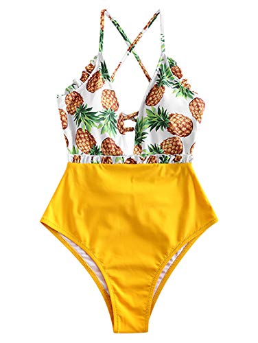 ZAFUL Traje de baño de piña con encaje y cintura alta tropical para mujer amarillo S