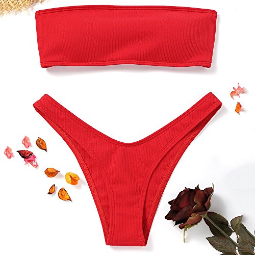 ZAFUL Trajes de Baño Mujer Bikini Bandeau con Relleno Lazada en la Espalda Color Liso Talle Alto