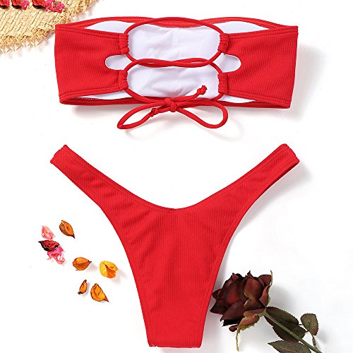 ZAFUL Trajes de Baño Mujer Bikini Bandeau con Relleno Lazada en la Espalda Color Liso Talle Alto